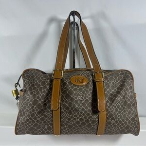 3059: Vintage Nina Ricci Monogram Duffle Bag Brown Travel Bag w Lock Key